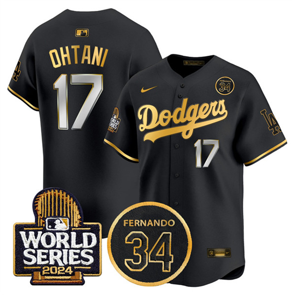 Los Angeles Dodgers #17 Shohei Ohtani Black Gold 2024 World Series With Fernando Memorial Patch Limited Stitched Jersey